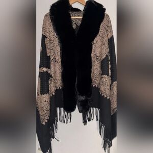 La Fiorentina Black and Gold Poncho with Fringe